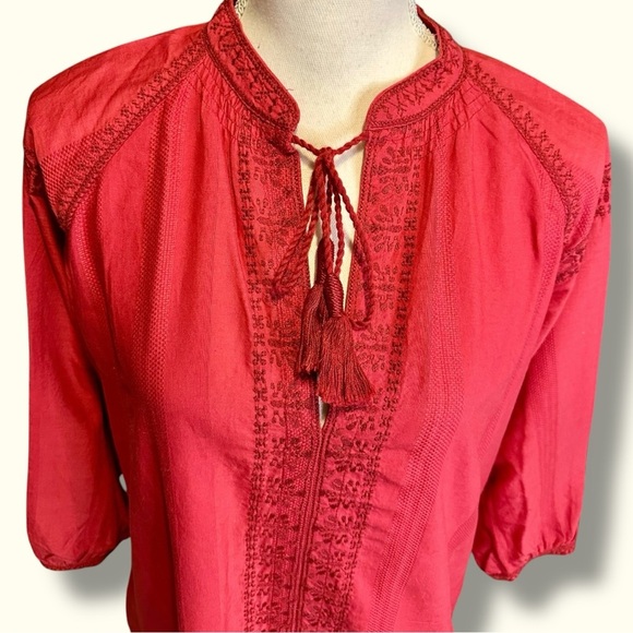 Madewell ‘Camelia’ Embroidered Cotton Gauze Tassel Neck Top in Red Size Small - Picture 7 of 16